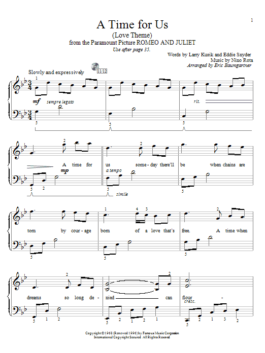 Eric Baumgartner A Time For Us (Love Theme) sheet music notes and chords arranged for Educational Piano