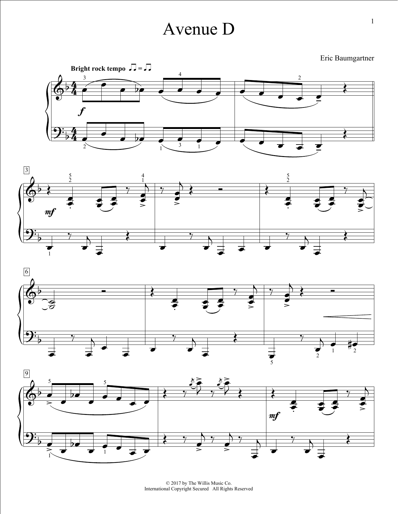 Eric Baumgartner Avenue D sheet music notes and chords arranged for Educational Piano
