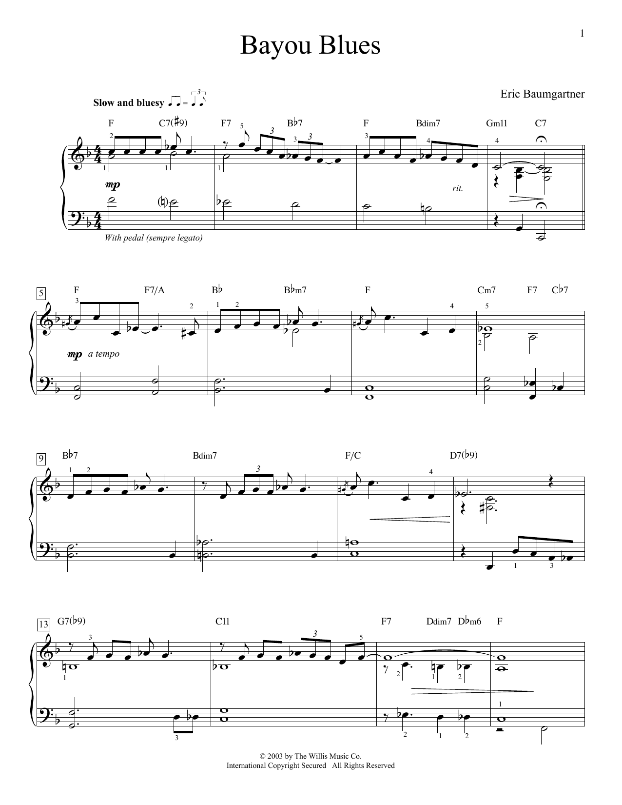 Eric Baumgartner Bayou Blues sheet music notes and chords arranged for Educational Piano