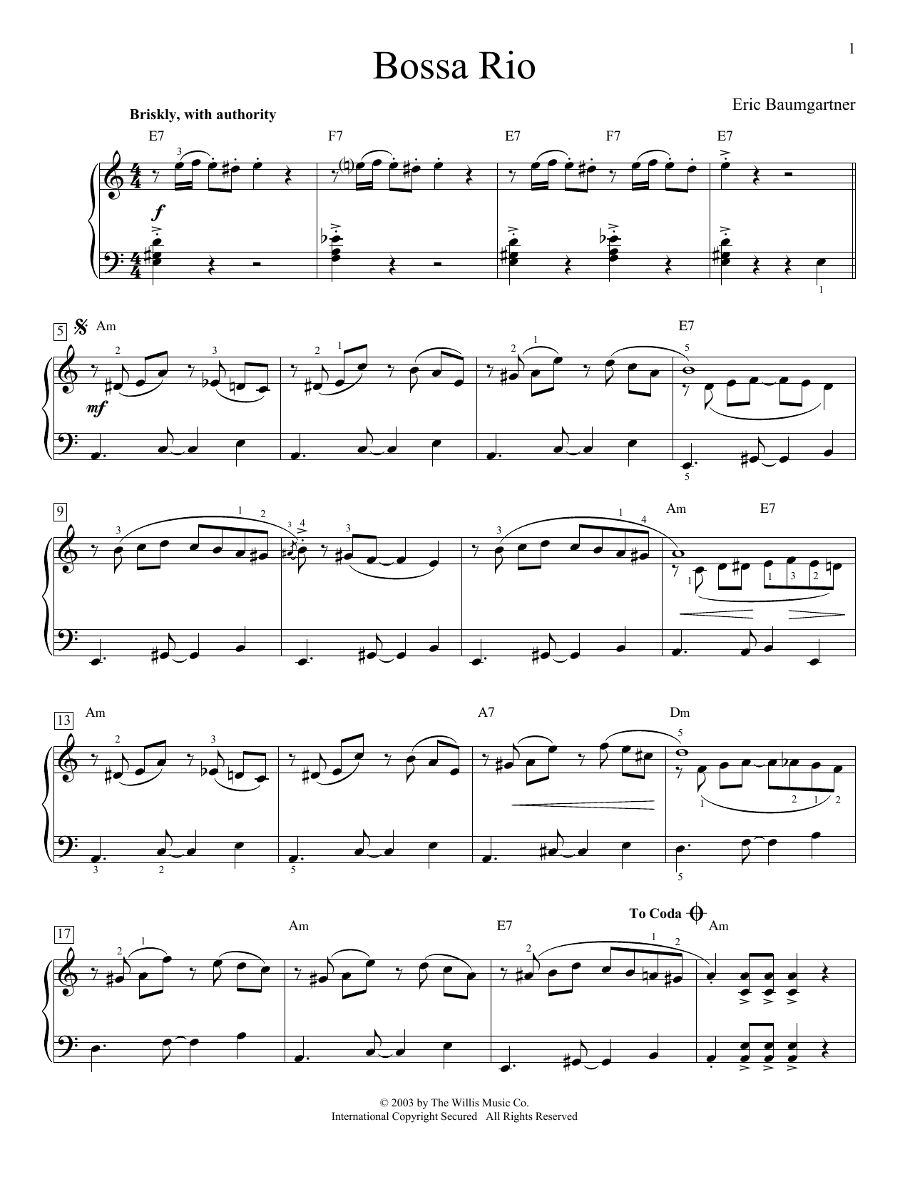 Eric Baumgartner Bossa Rio sheet music notes and chords arranged for Educational Piano