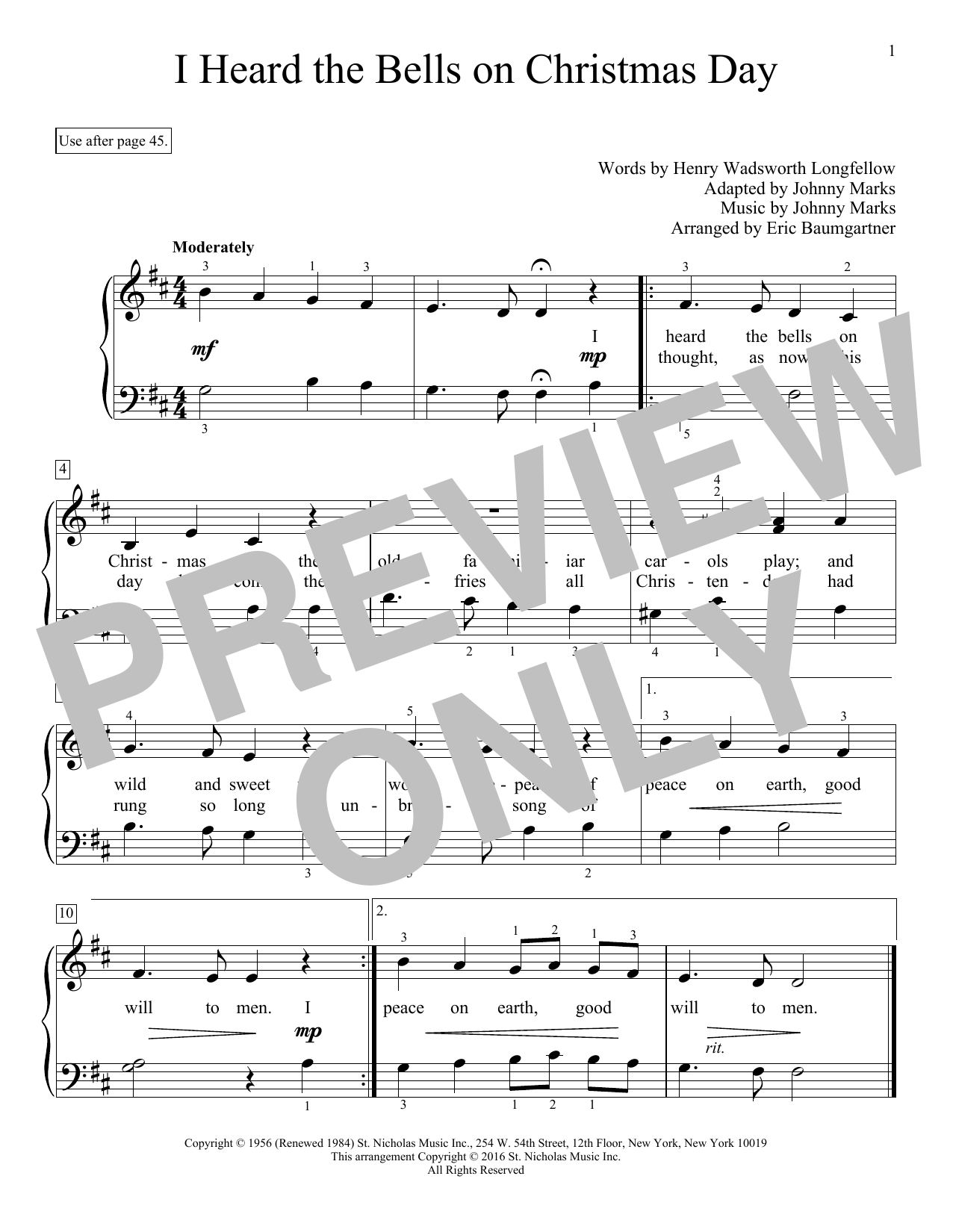 Eric Baumgartner I Heard The Bells On Christmas Day sheet music notes and chords arranged for Educational Piano