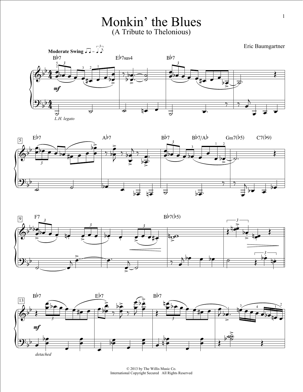 Eric Baumgartner Monkin' The Blues (A Tribute To Thelonious) sheet music notes and chords arranged for Educational Piano