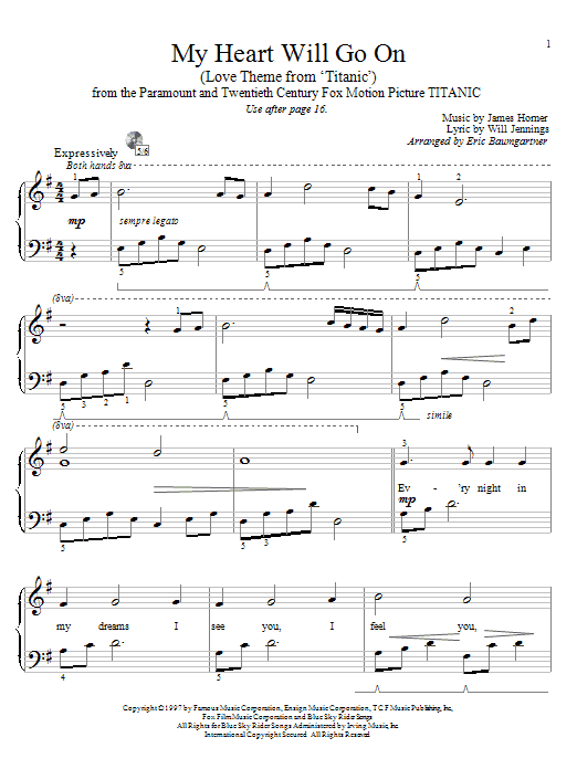 Eric Baumgartner My Heart Will Go On (Love Theme from Titanic) sheet music notes and chords arranged for Educational Piano