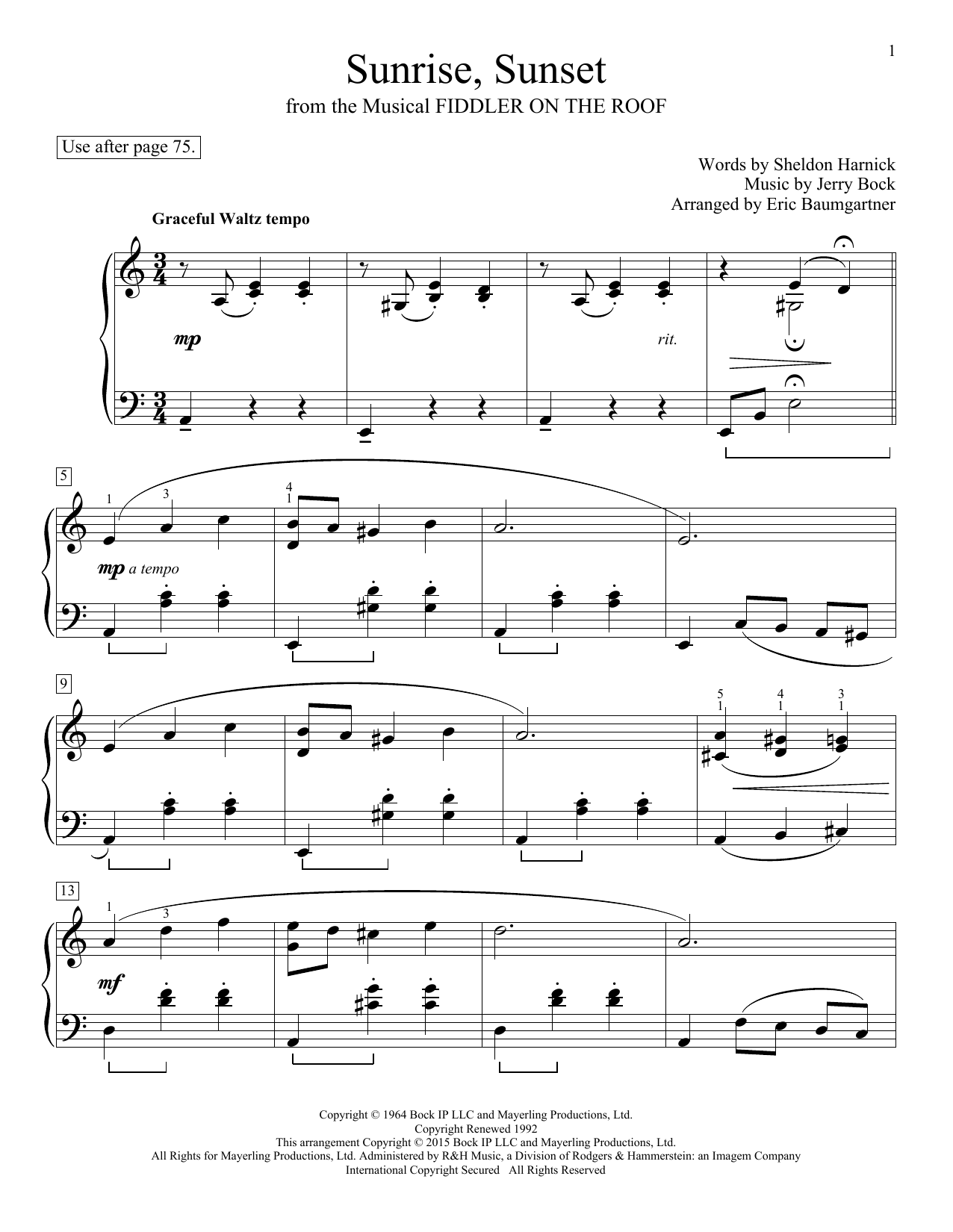 Eric Baumgartner Sunrise, Sunset sheet music notes and chords arranged for Educational Piano