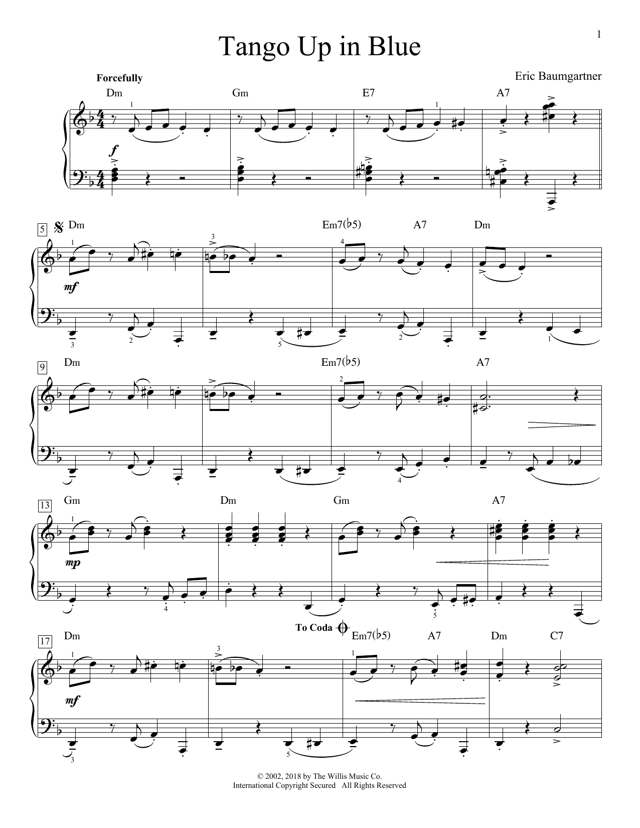 Eric Baumgartner Tango Up In Blue sheet music notes and chords arranged for Educational Piano