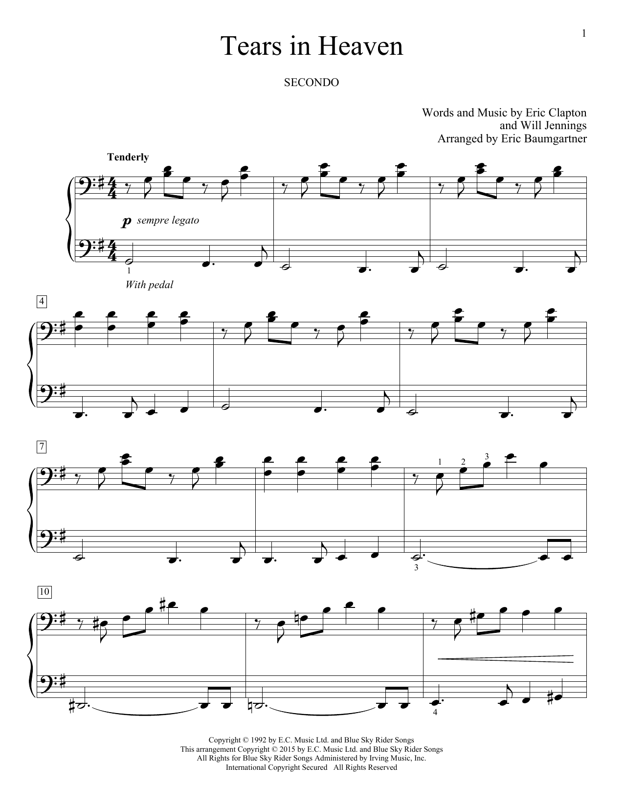 Eric Baumgartner Tears In Heaven sheet music notes and chords arranged for Piano Duet