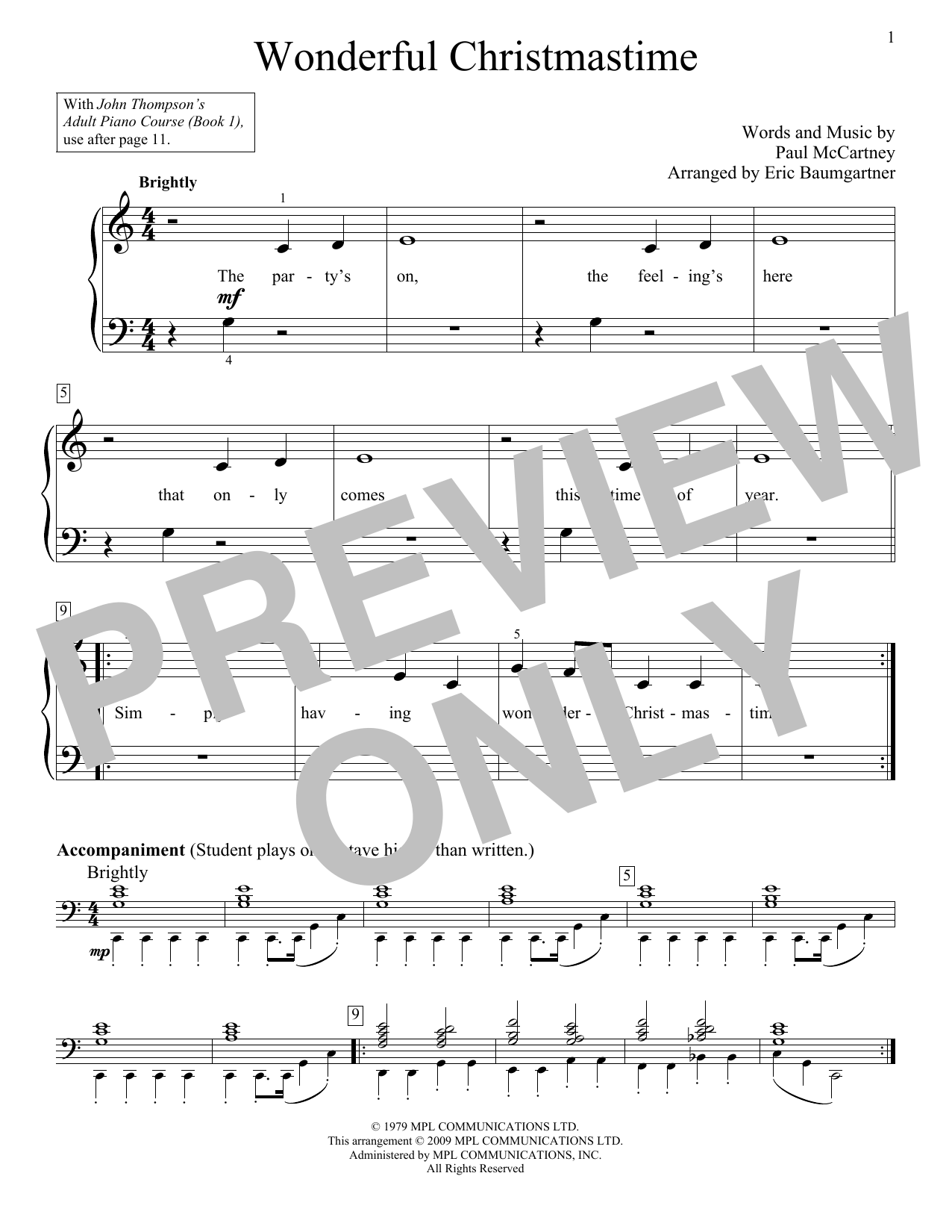 Eric Baumgartner Wonderful Christmastime sheet music notes and chords arranged for Educational Piano