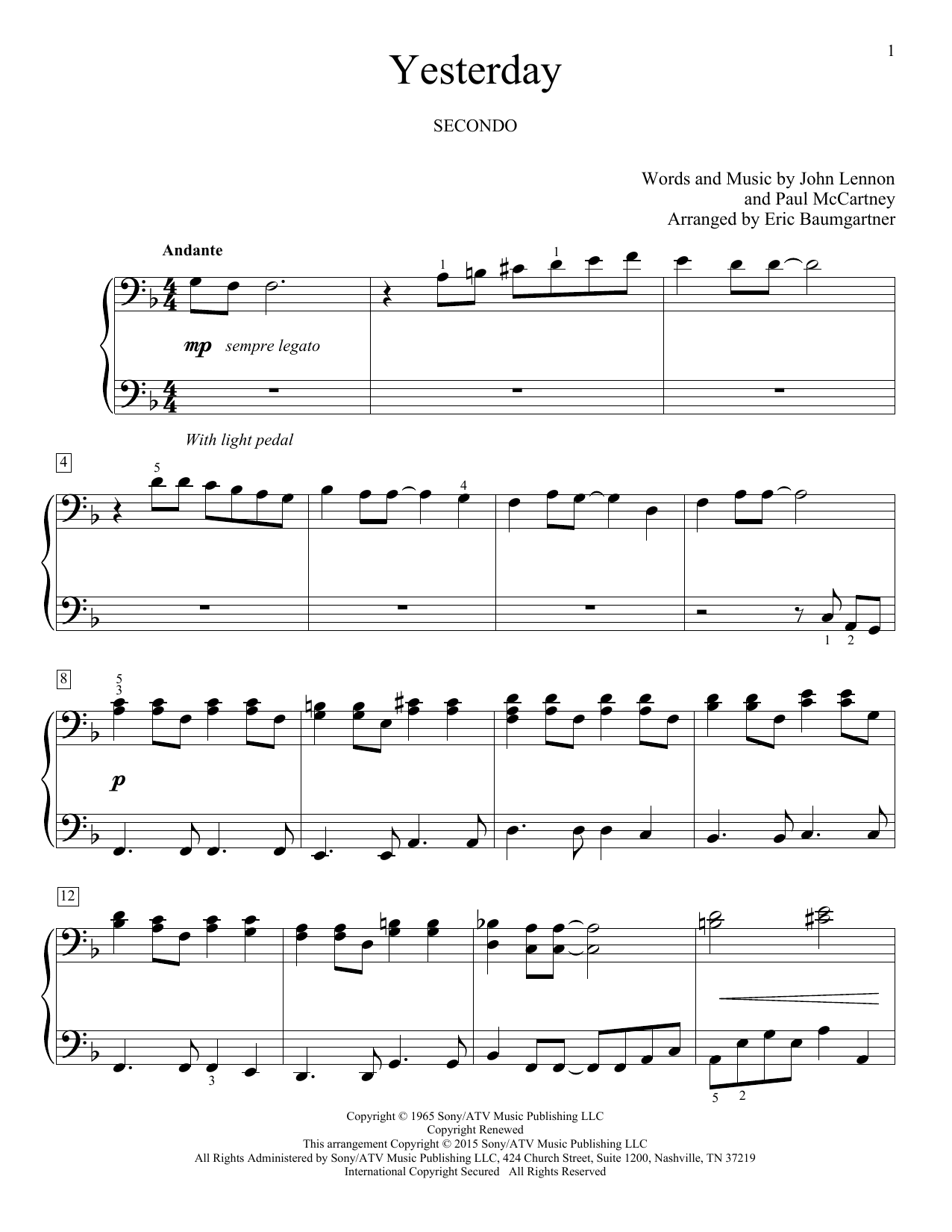 Eric Baumgartner Yesterday sheet music notes and chords arranged for Piano Duet