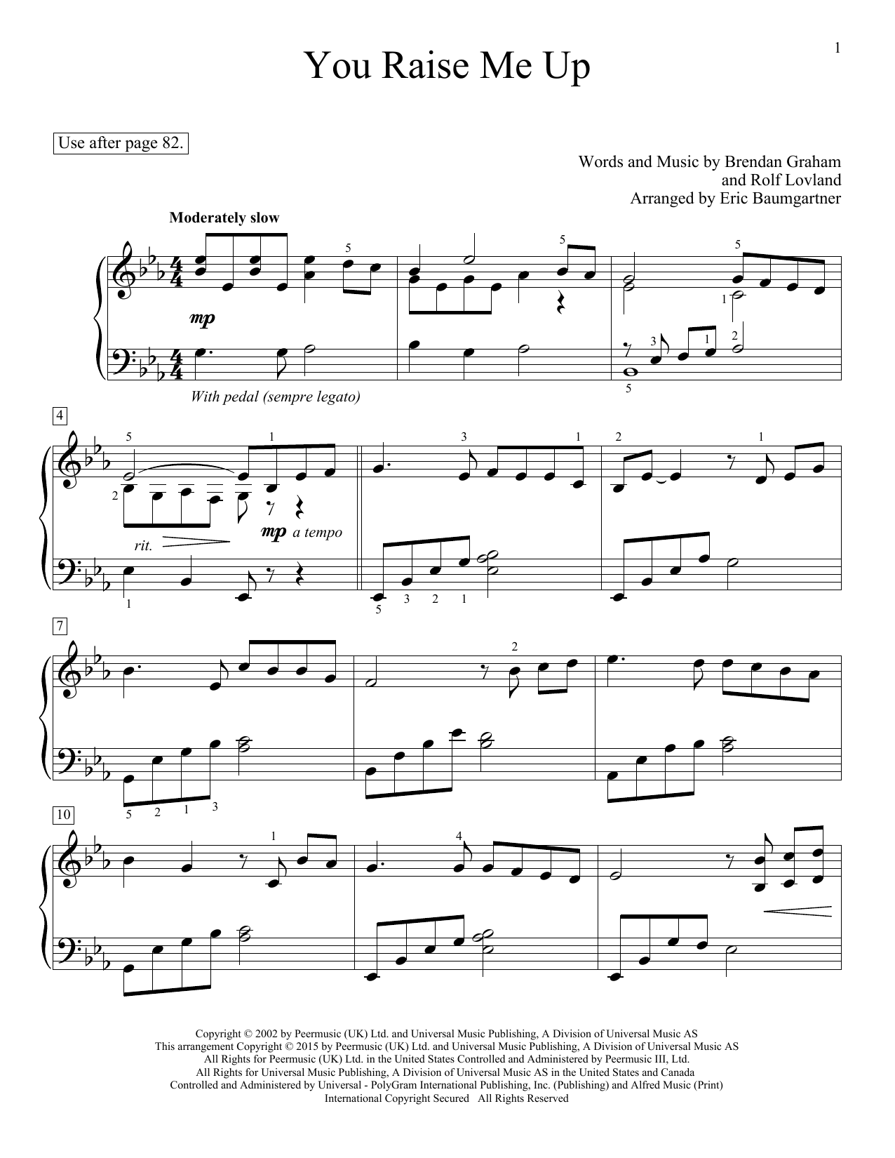 Eric Baumgartner You Raise Me Up sheet music notes and chords arranged for Educational Piano