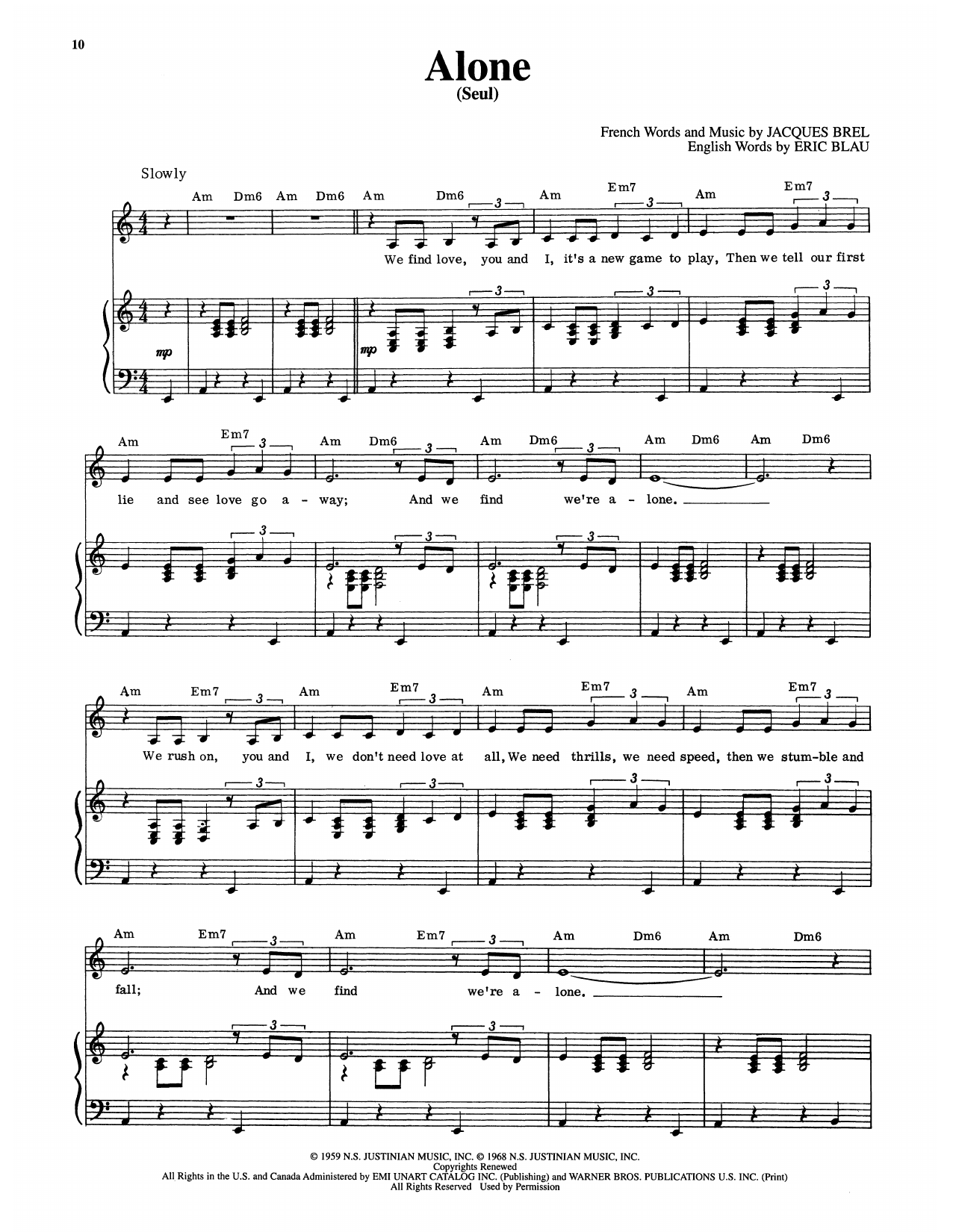 Eric Blau Alone (Seul) (from Jacques Brel Is Alive And Well And Living In Paris) sheet music notes and chords arranged for Piano & Vocal