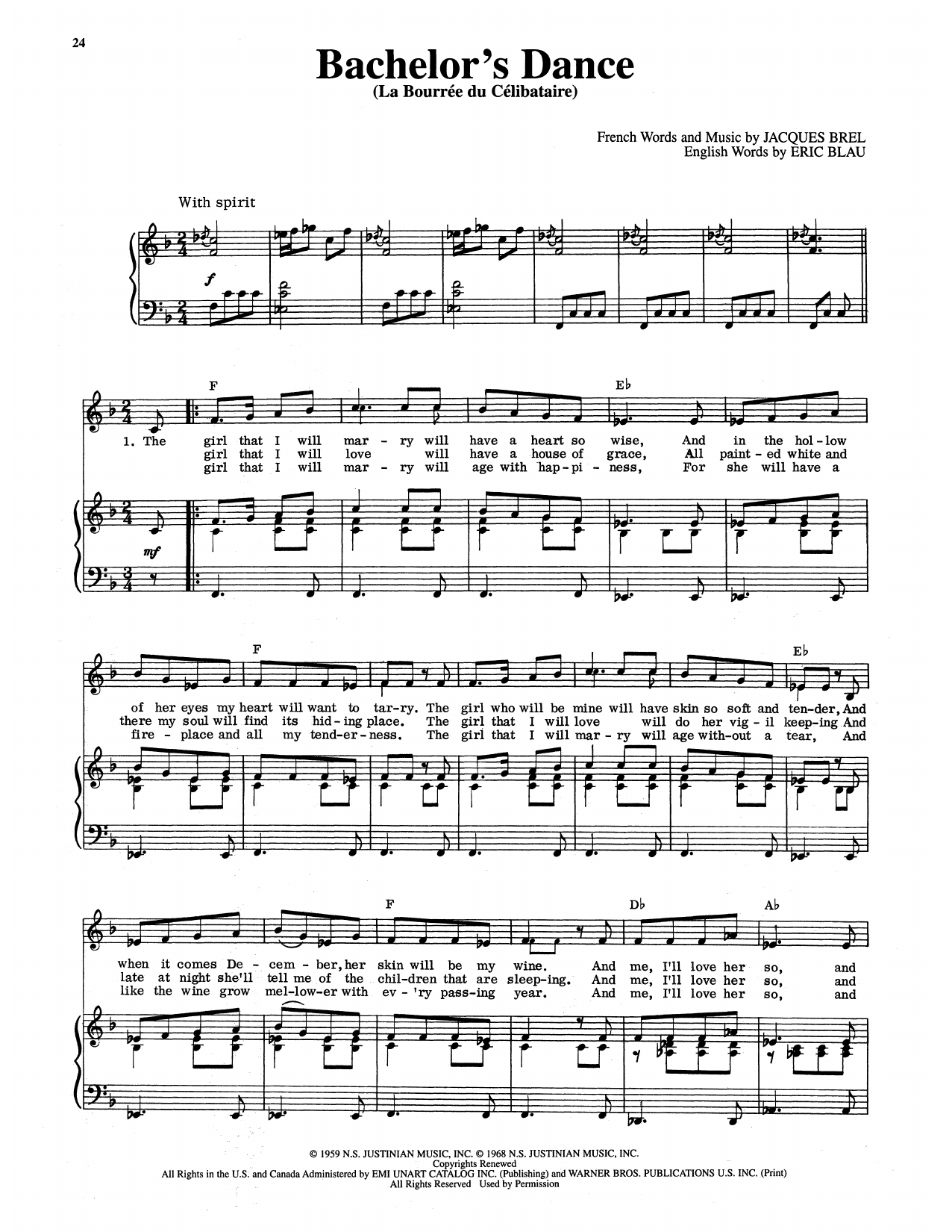 Eric Blau Bachelor's Dance (La Bourree Du Celibataire) sheet music notes and chords arranged for Piano & Vocal