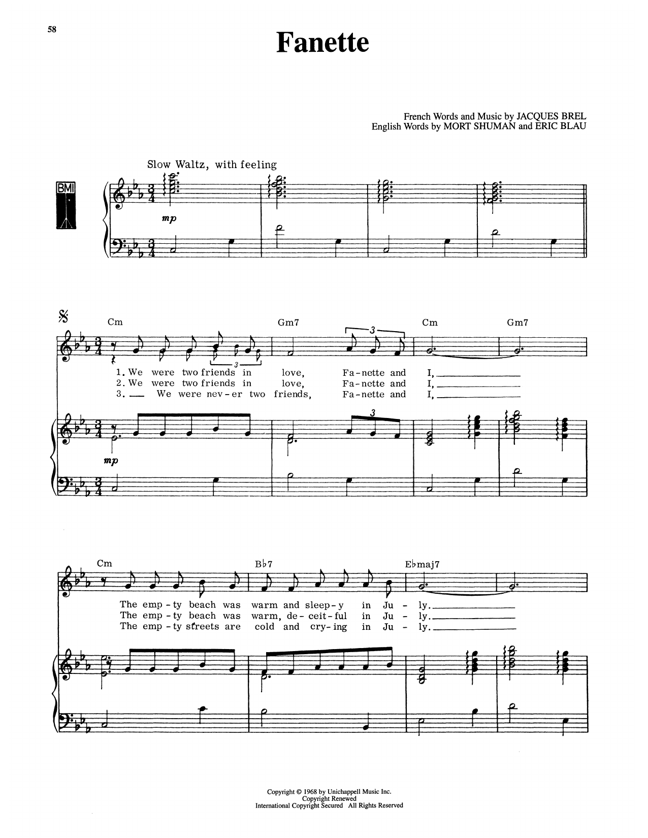 Eric Blau Fanette (from Jacques Brel Is Alive And Well And Living In Paris) sheet music notes and chords arranged for Piano & Vocal