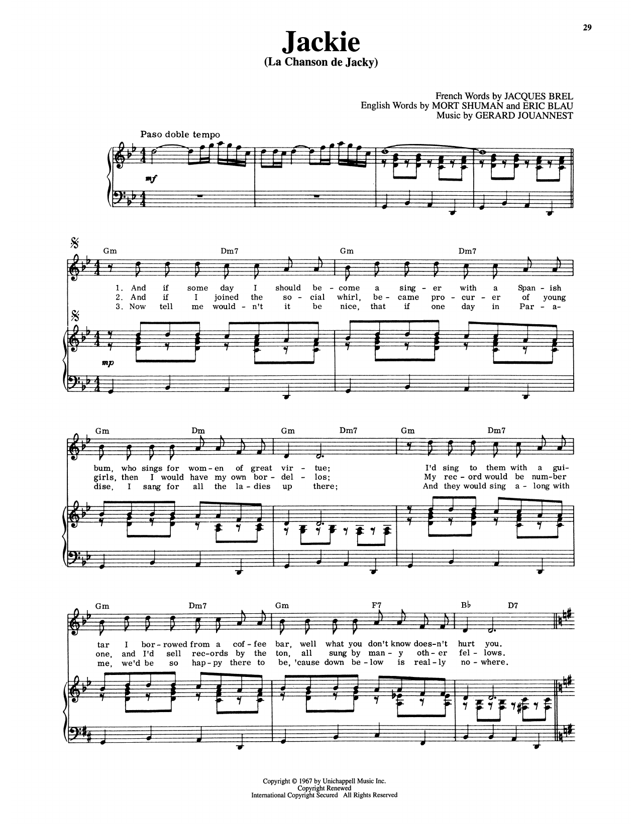 Eric Blau Jackie (La Chanson De Jacky) (from Jacques Brel Is Alive And Well And Living In Paris) sheet music notes and chords arranged for Piano & Vocal