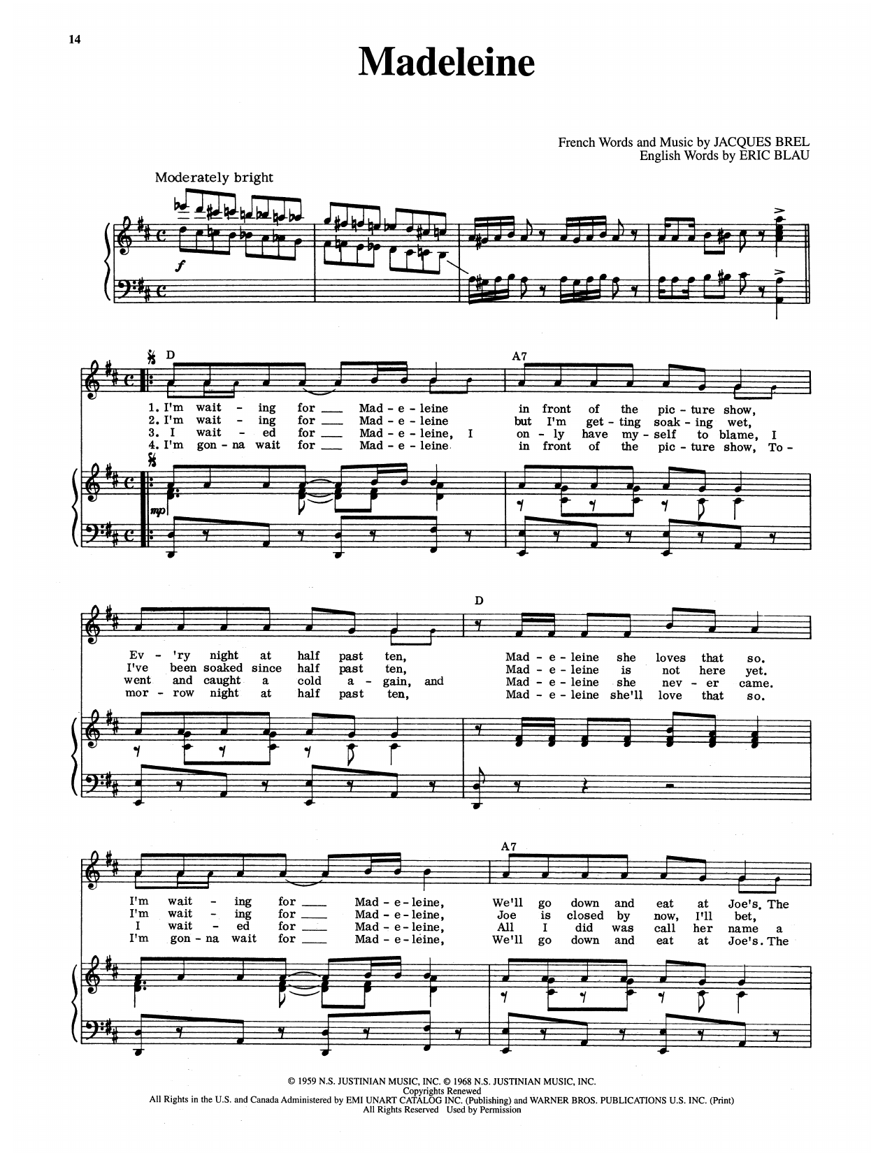 Eric Blau Madeleine (from Jacques Brel Is Alive And Well And Living In Paris) sheet music notes and chords arranged for Piano & Vocal