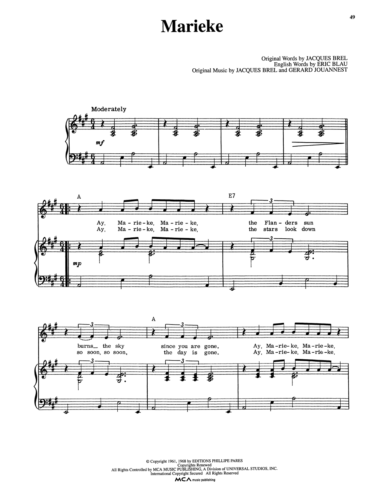 Eric Blau Marieke (from Jacques Brel Is Alive And Well And Living In Paris) sheet music notes and chords arranged for Piano & Vocal