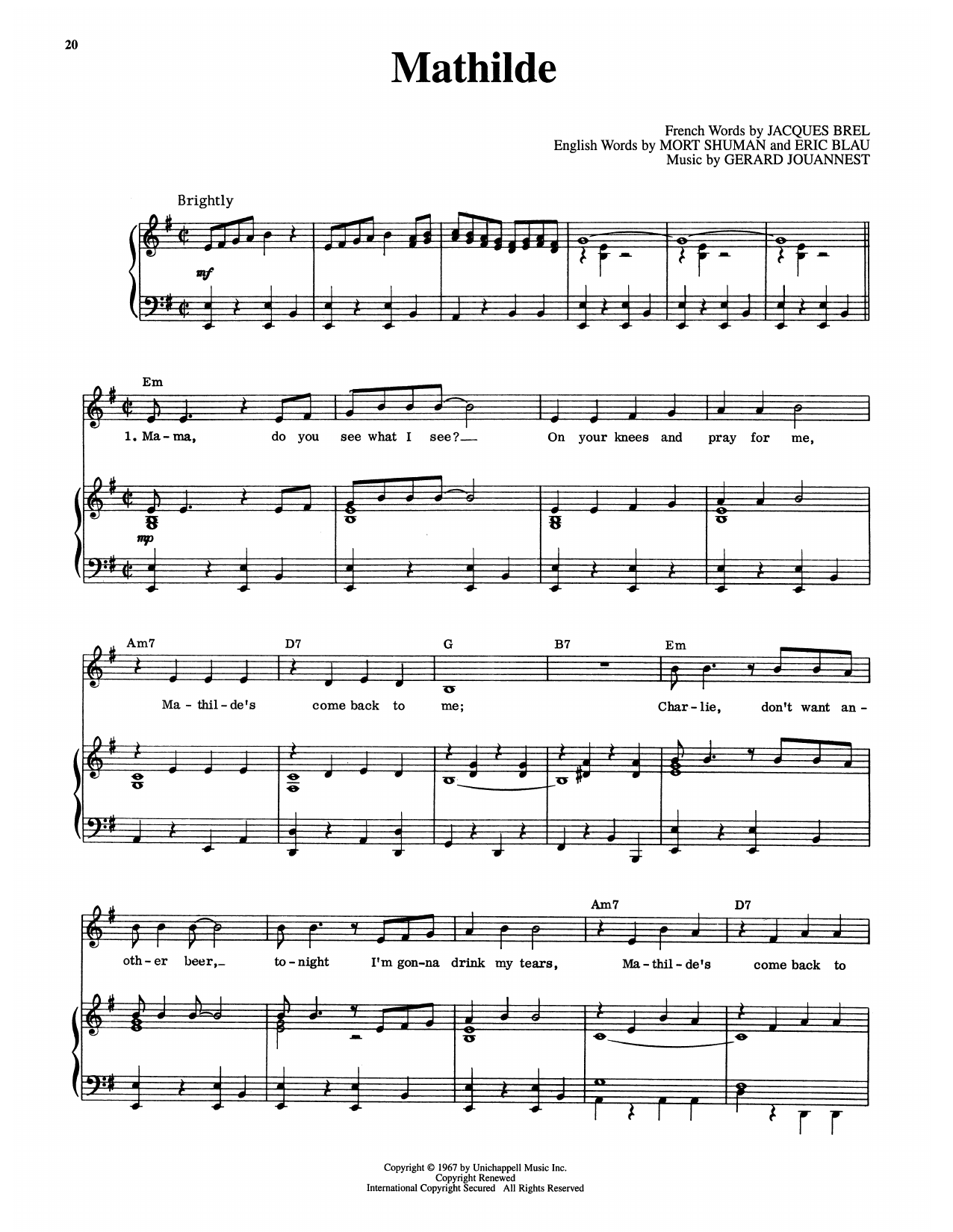 Eric Blau Mathilde (from Jacques Brel Is Alive And Well And Living In Paris) sheet music notes and chords arranged for Piano & Vocal