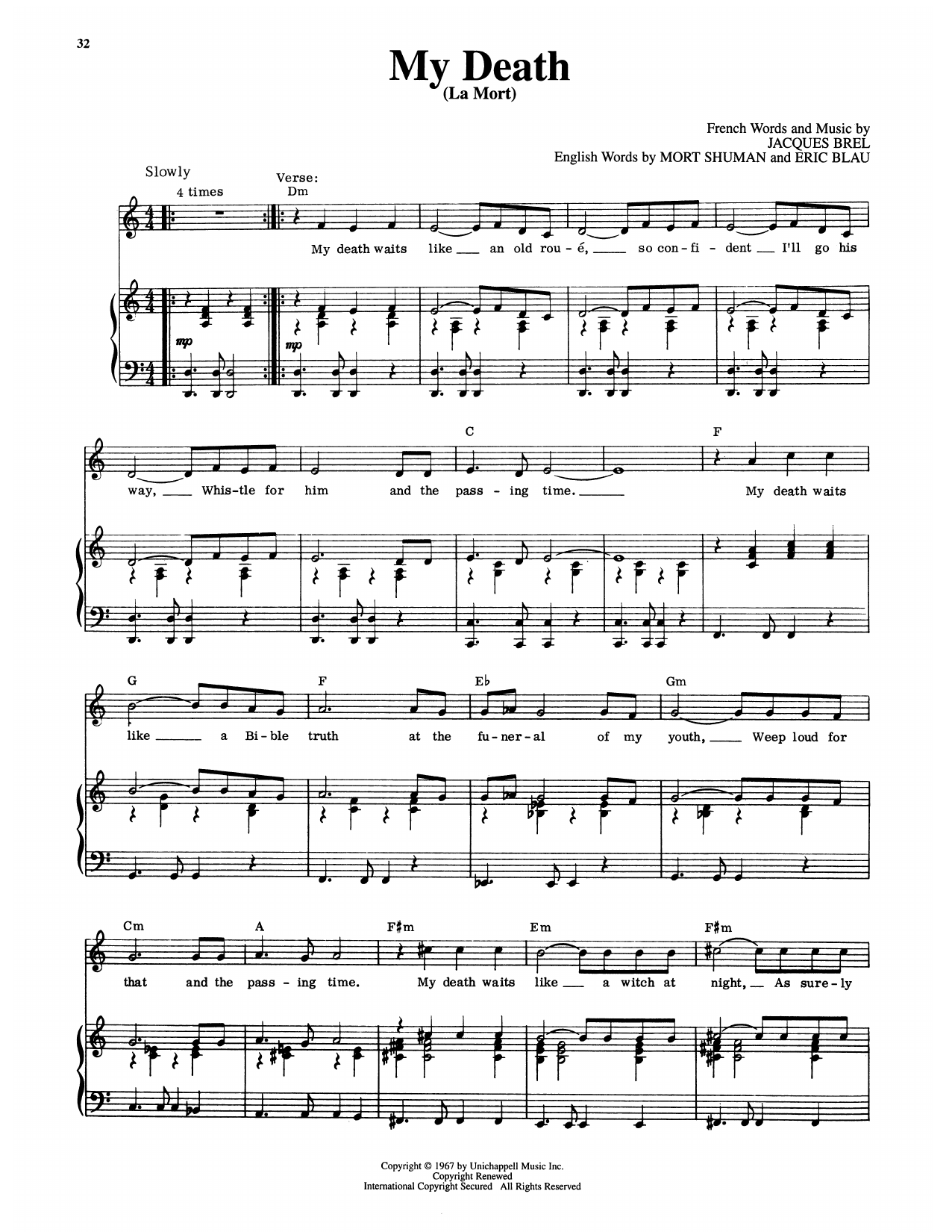 Eric Blau My Death (La Mort) (from Jacques Brel Is Alive And Well And Living In Paris) sheet music notes and chords arranged for Piano & Vocal