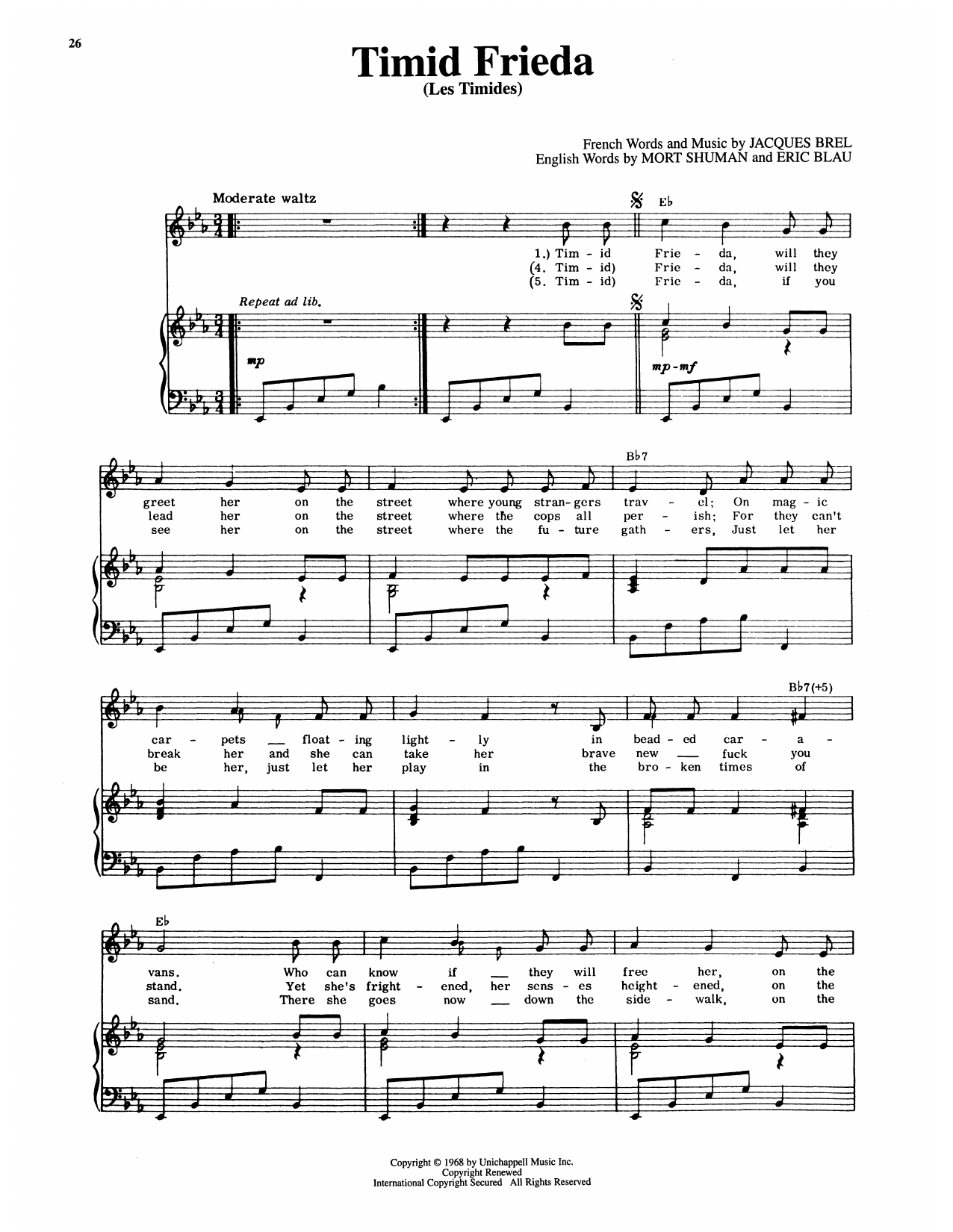 Eric Blau Timid Frieda (Les Timides) (from Jacques Brel Is Alive And Well And Living In Paris) sheet music notes and chords arranged for Piano & Vocal