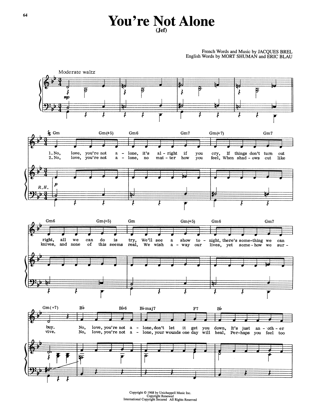 Eric Blau You're Not Alone (Jef) (from Jacques Brel Is Alive And Well And Living In Paris) sheet music notes and chords arranged for Piano & Vocal