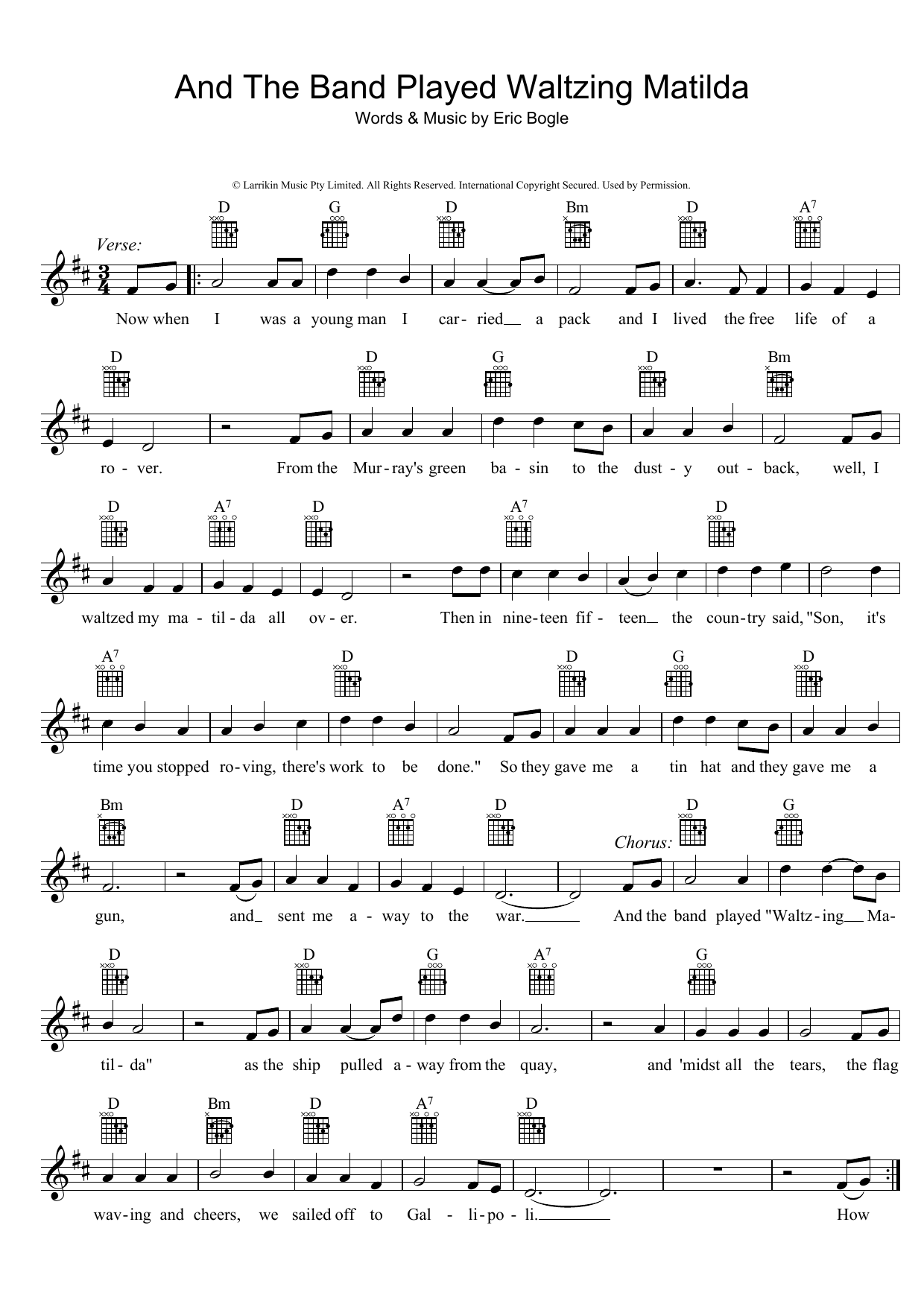 Eric Bogle And The Band Played Waltzing Matilda sheet music notes and chords arranged for Piano, Vocal & Guitar Chords