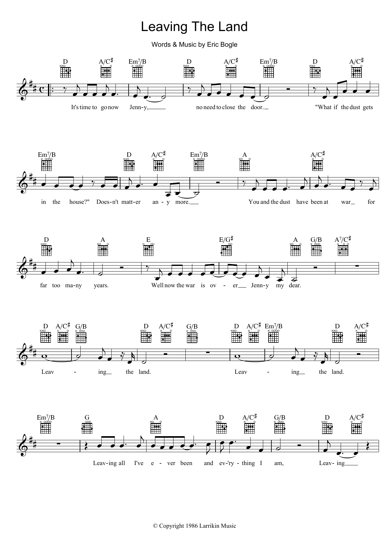 Eric Bogle Leaving The Land sheet music notes and chords arranged for Lead Sheet / Fake Book