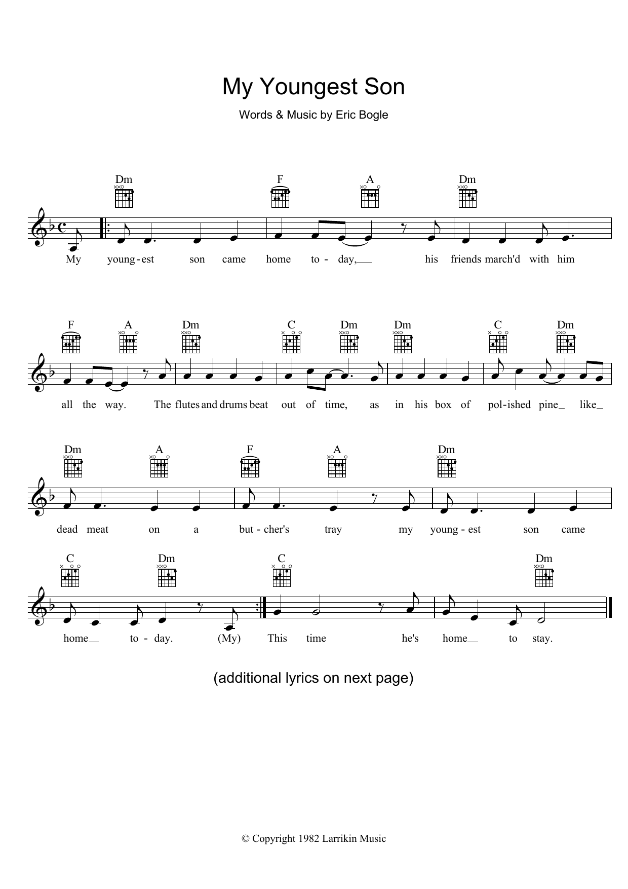 Eric Bogle My Youngest Son sheet music notes and chords arranged for Lead Sheet / Fake Book