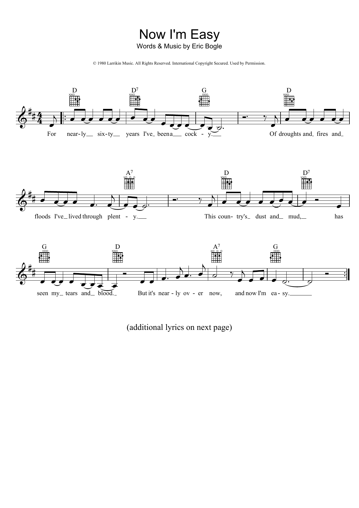 Eric Bogle Now I'm Easy sheet music notes and chords arranged for Lead Sheet / Fake Book