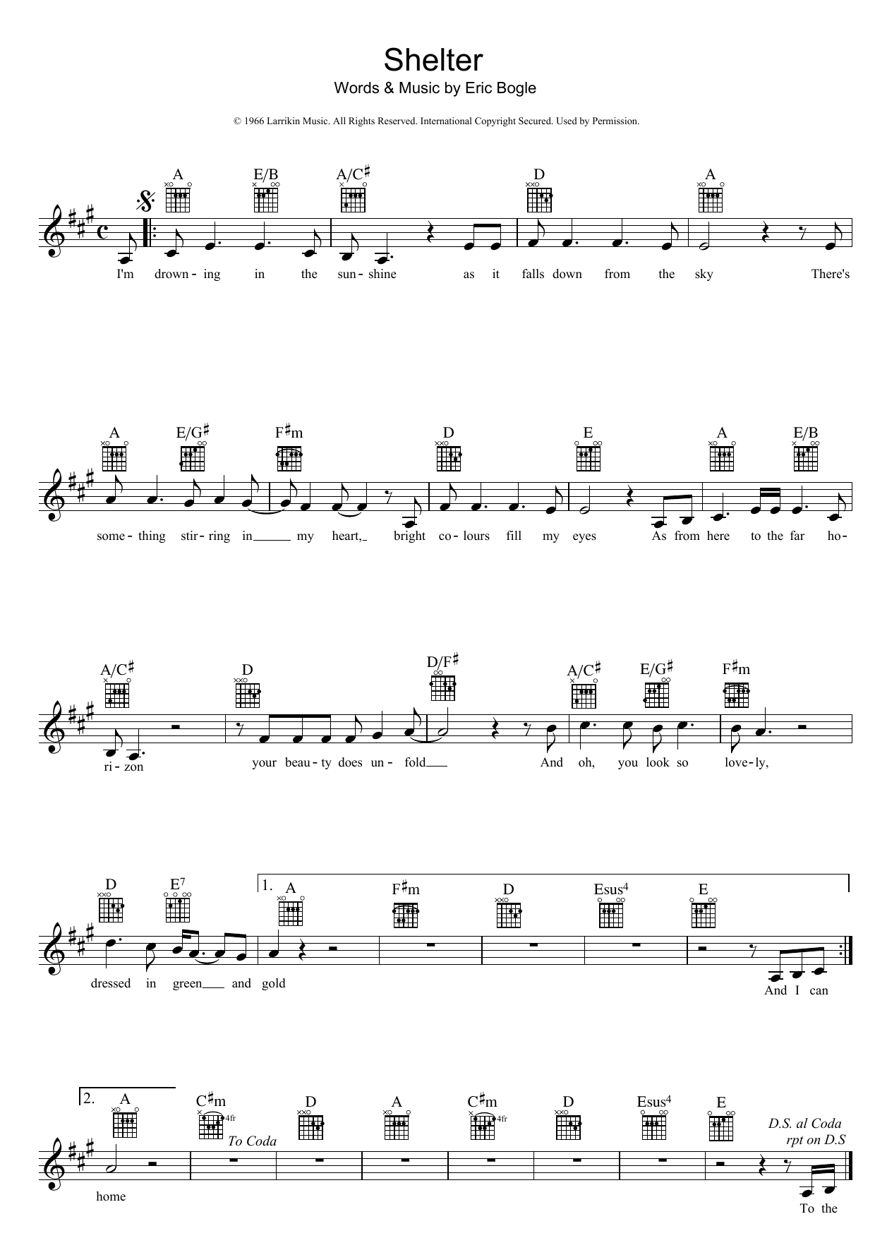 Eric Bogle Shelter sheet music notes and chords arranged for Lead Sheet / Fake Book