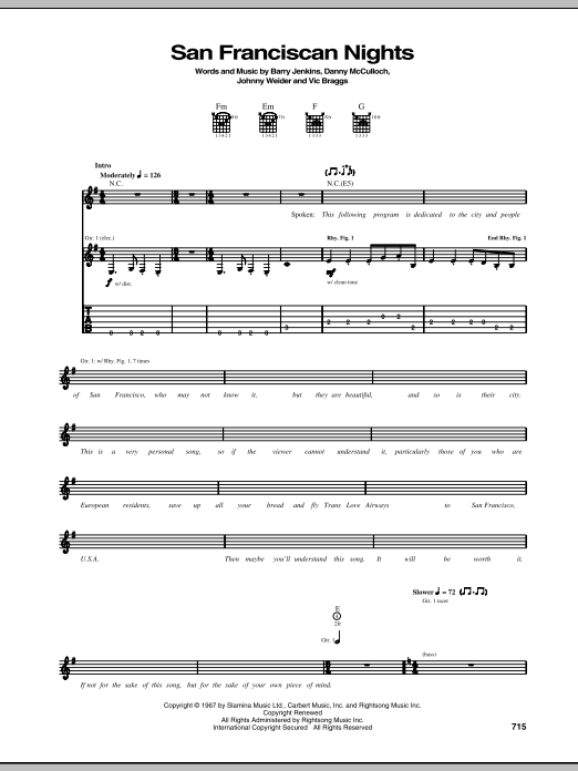 Eric Burdon & The Animals San Franciscan Nights sheet music notes and chords arranged for Guitar Tab