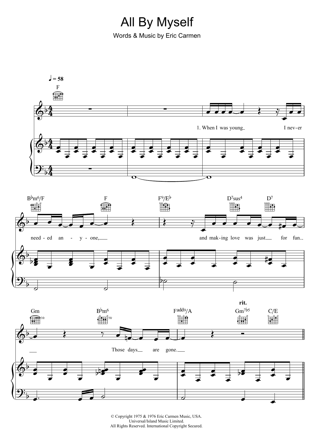 Eric Carmen All By Myself sheet music notes and chords arranged for Piano, Vocal & Guitar Chords