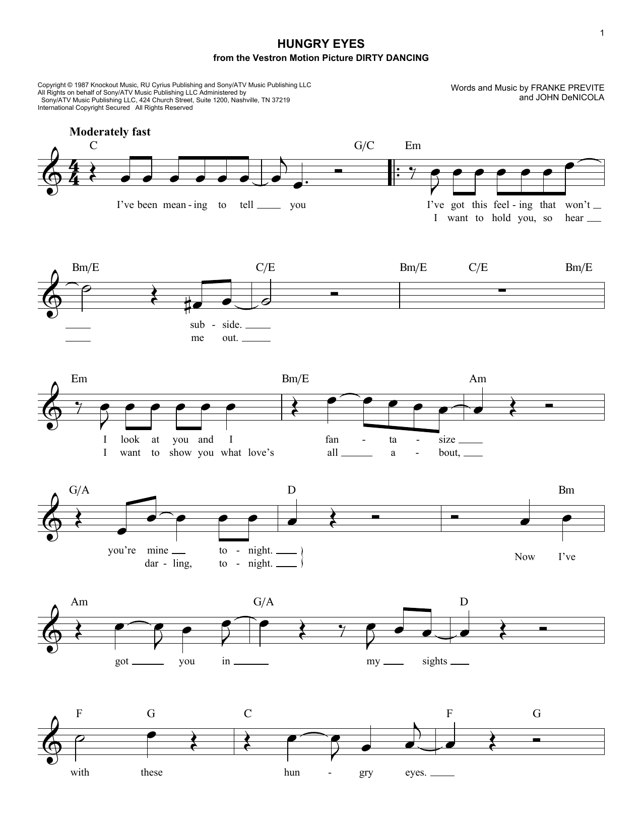 Eric Carmen Hungry Eyes sheet music notes and chords arranged for Lead Sheet / Fake Book