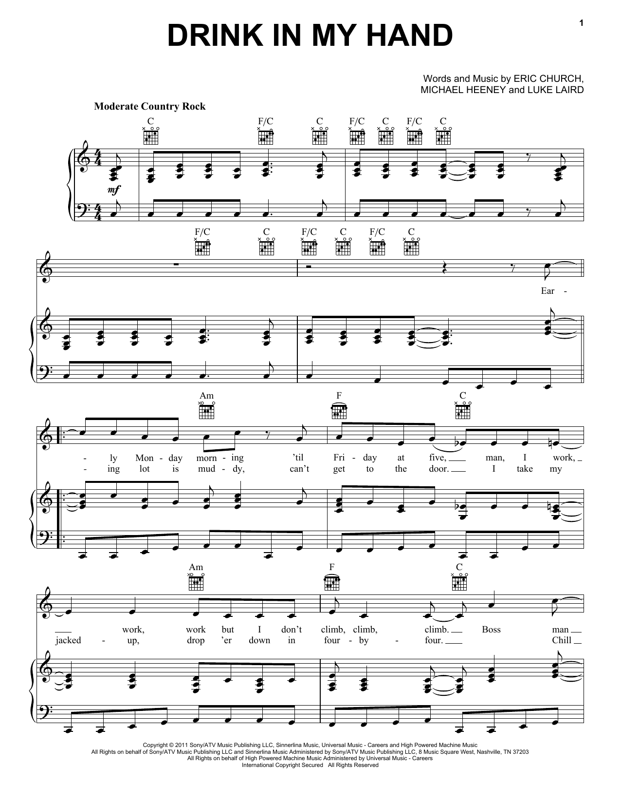 Eric Church Drink In My Hand sheet music notes and chords arranged for Guitar Tab (Single Guitar)