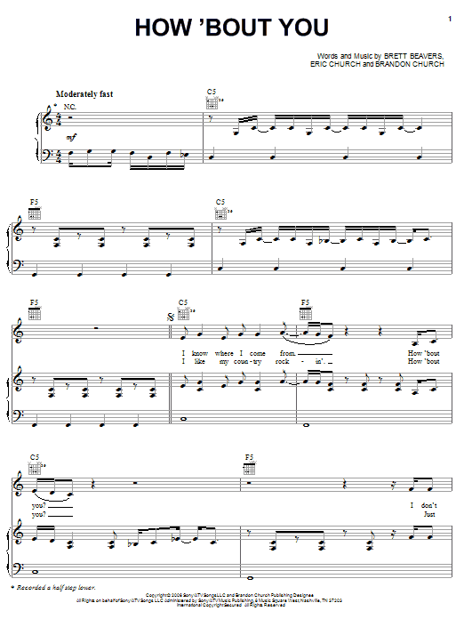 Eric Church How 'Bout You sheet music notes and chords arranged for Piano, Vocal & Guitar Chords (Right-Hand Melody)