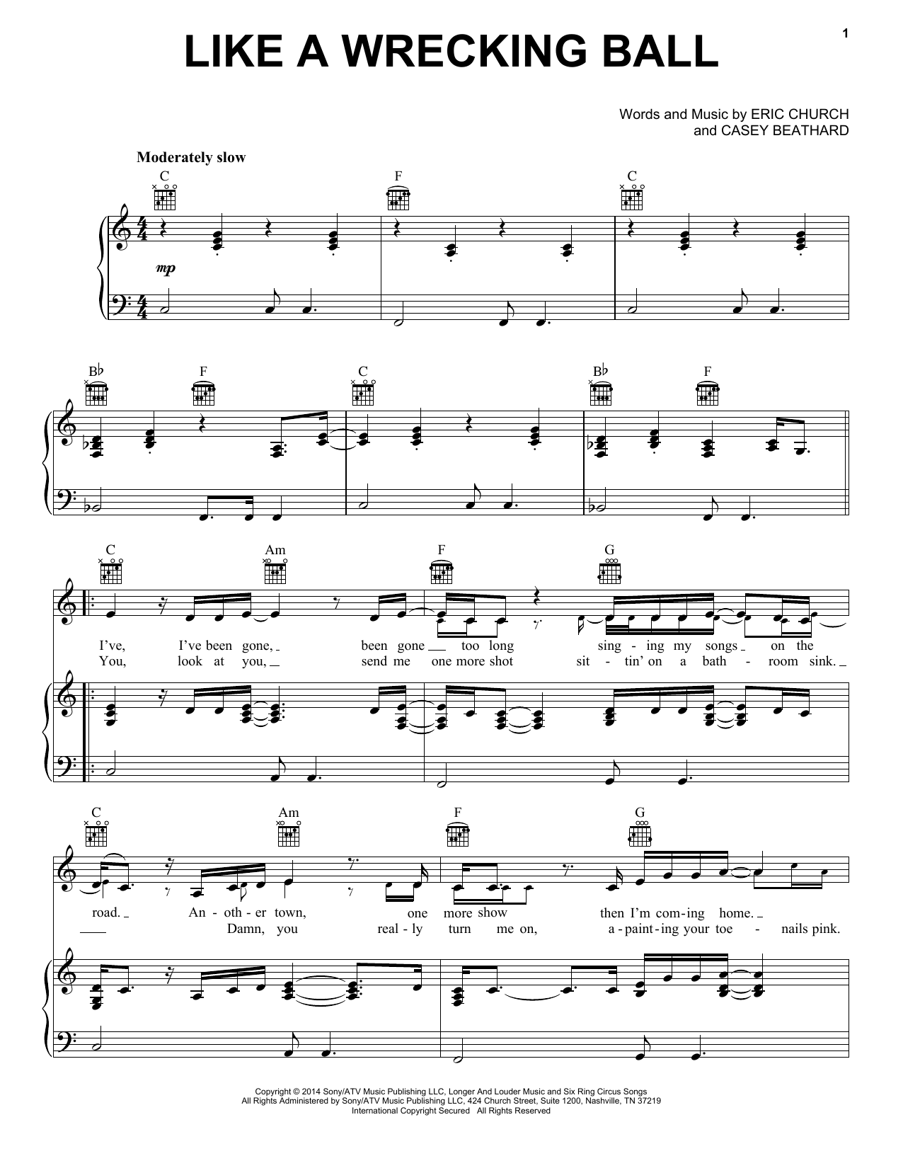 Eric Church Like A Wrecking Ball sheet music notes and chords arranged for Piano, Vocal & Guitar Chords (Right-Hand Melody)