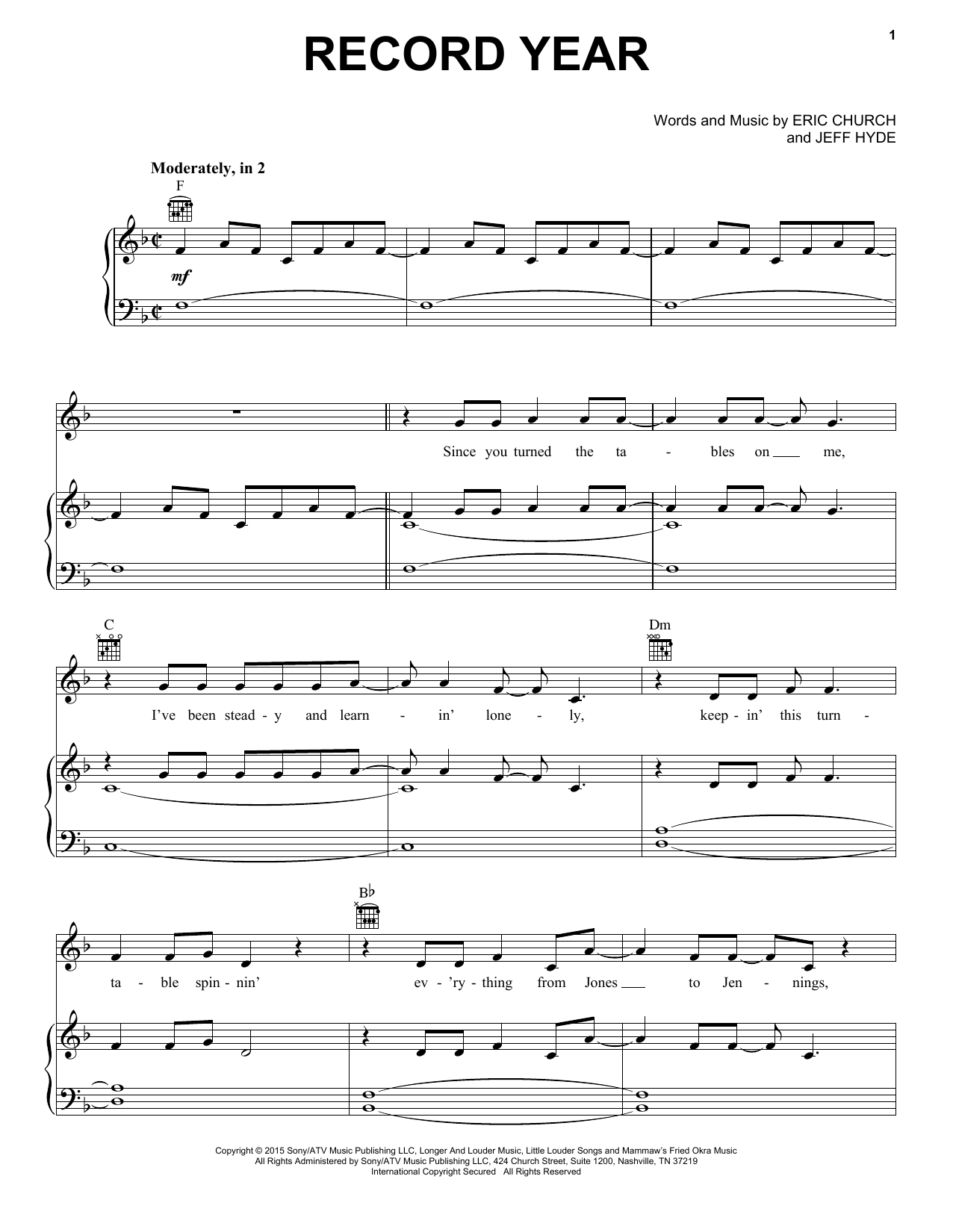Eric Church Record Year sheet music notes and chords arranged for Piano, Vocal & Guitar Chords (Right-Hand Melody)