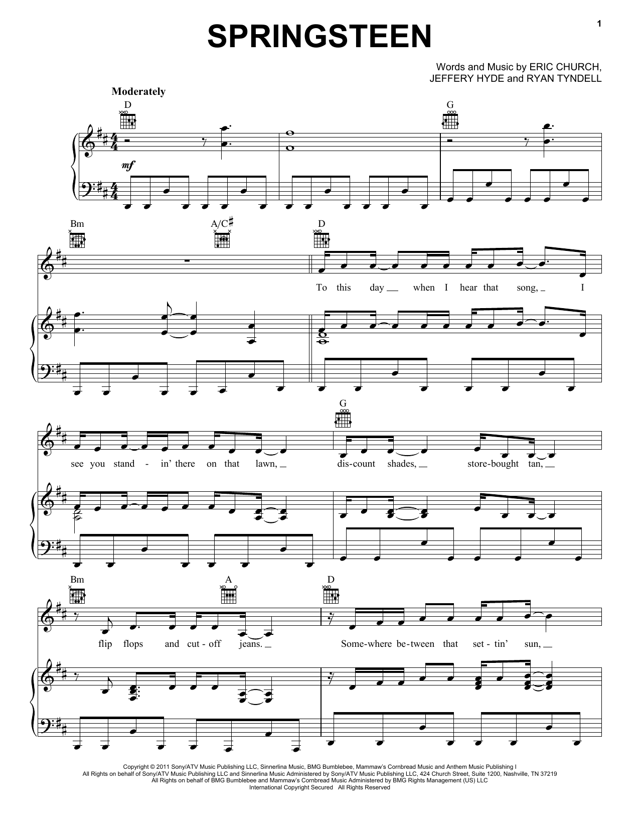 Eric Church Springsteen sheet music notes and chords arranged for Guitar Chords/Lyrics
