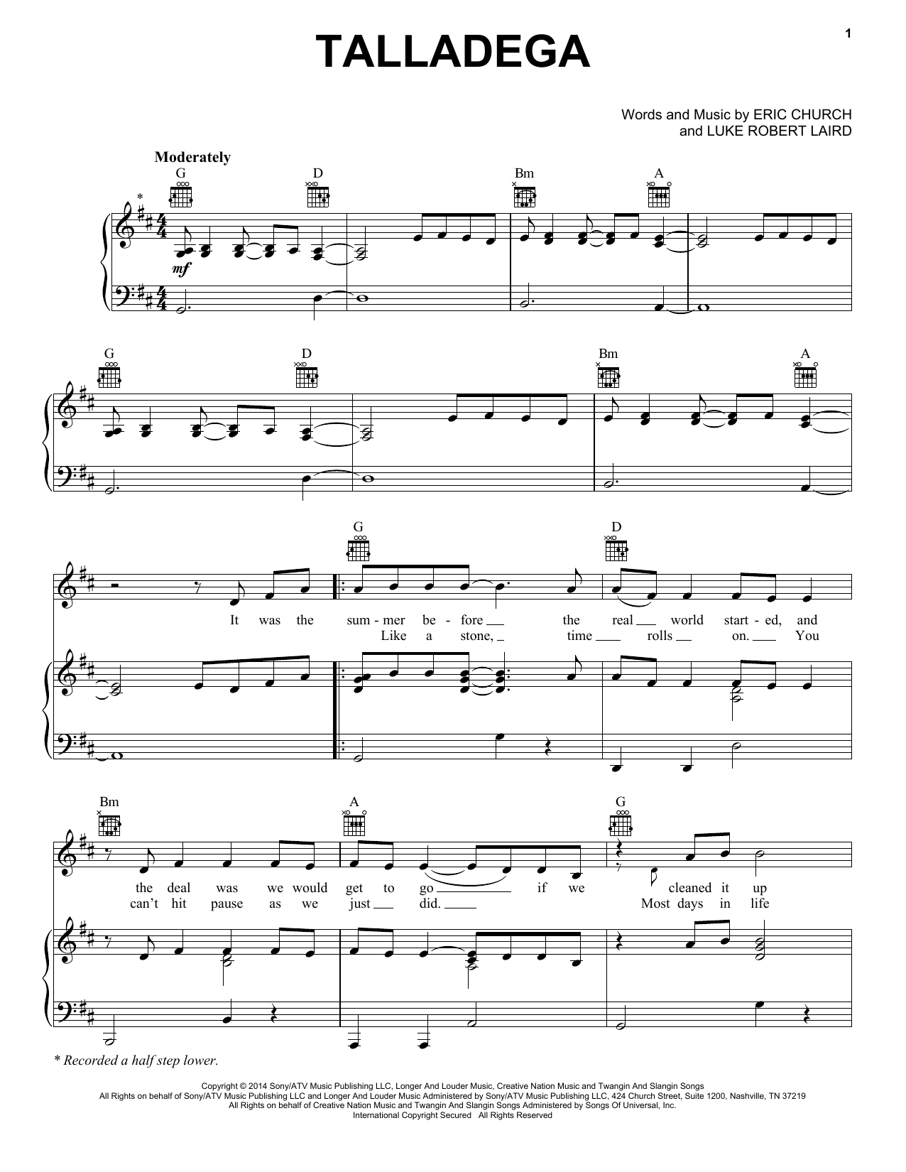 Eric Church Talladega sheet music notes and chords arranged for Piano, Vocal & Guitar Chords (Right-Hand Melody)