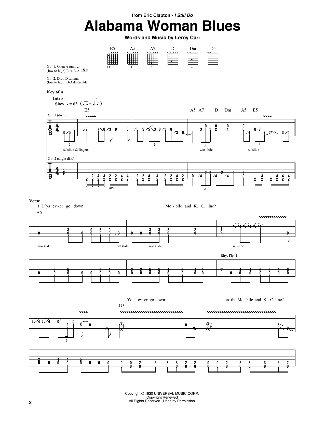 Eric Clapton Alabama Woman Blues sheet music notes and chords arranged for Guitar Rhythm Tab