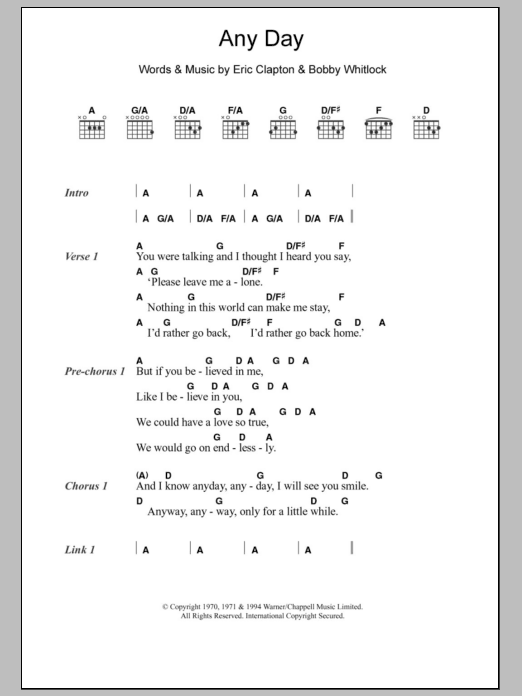 Eric Clapton Any Day sheet music notes and chords arranged for Guitar Chords/Lyrics