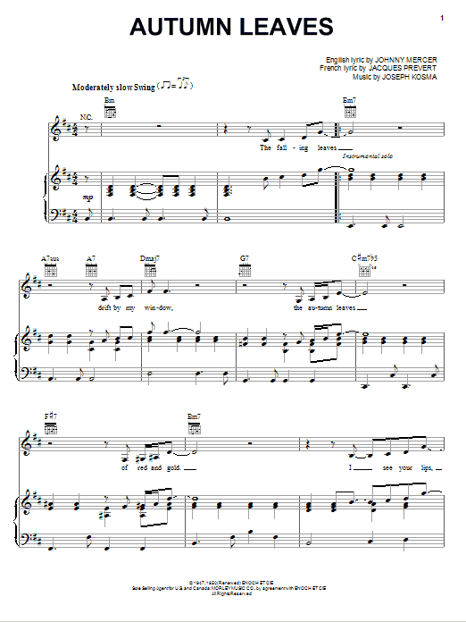 Eric Clapton Autumn Leaves sheet music notes and chords arranged for Piano, Vocal & Guitar Chords (Right-Hand Melody)