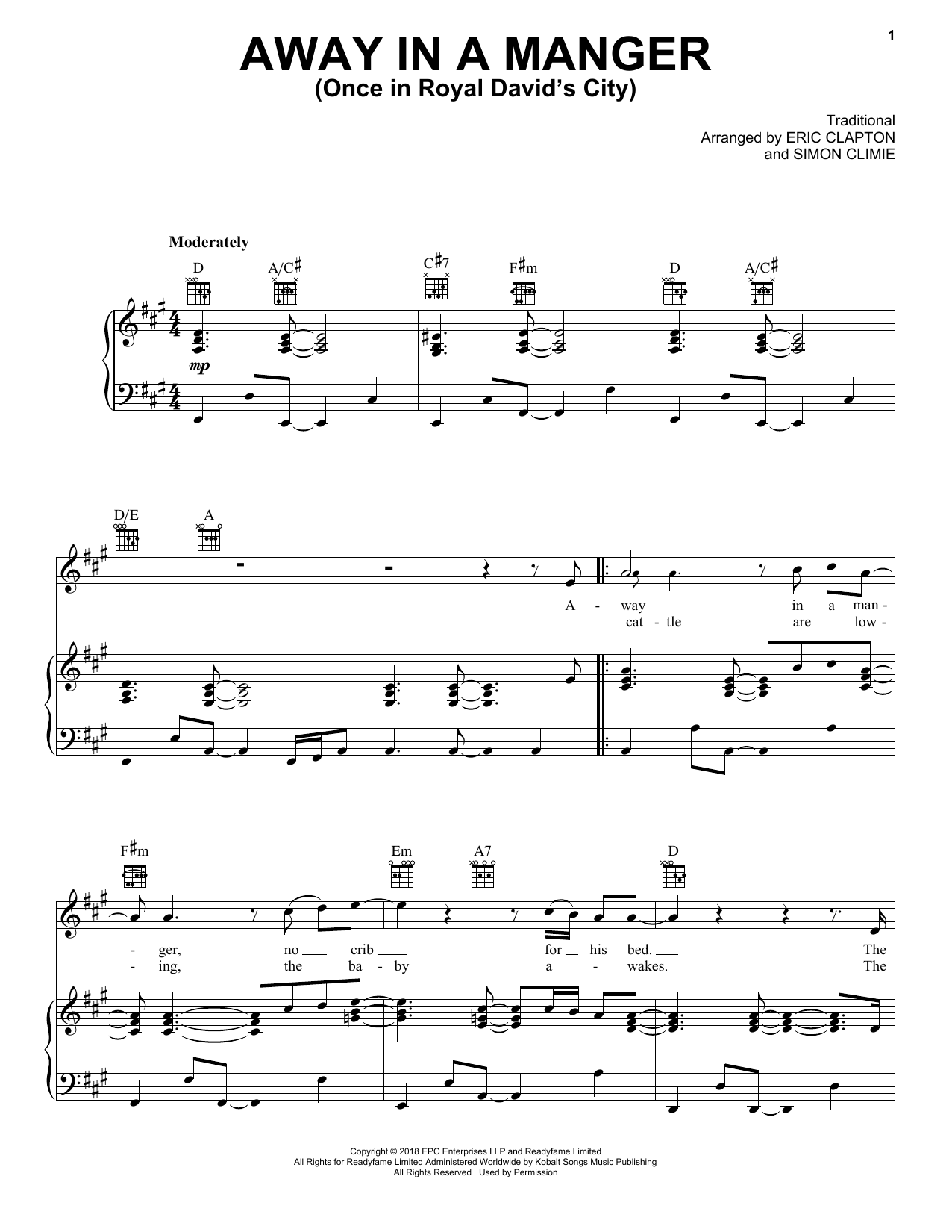 Eric Clapton Away In A Manger (Once In Royal David's City) sheet music notes and chords arranged for Piano, Vocal & Guitar Chords (Right-Hand Melody)