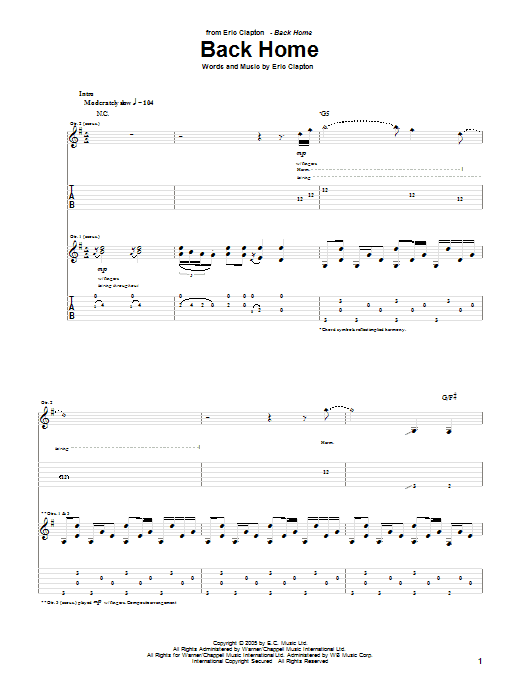 Eric Clapton Back Home sheet music notes and chords arranged for Guitar Tab