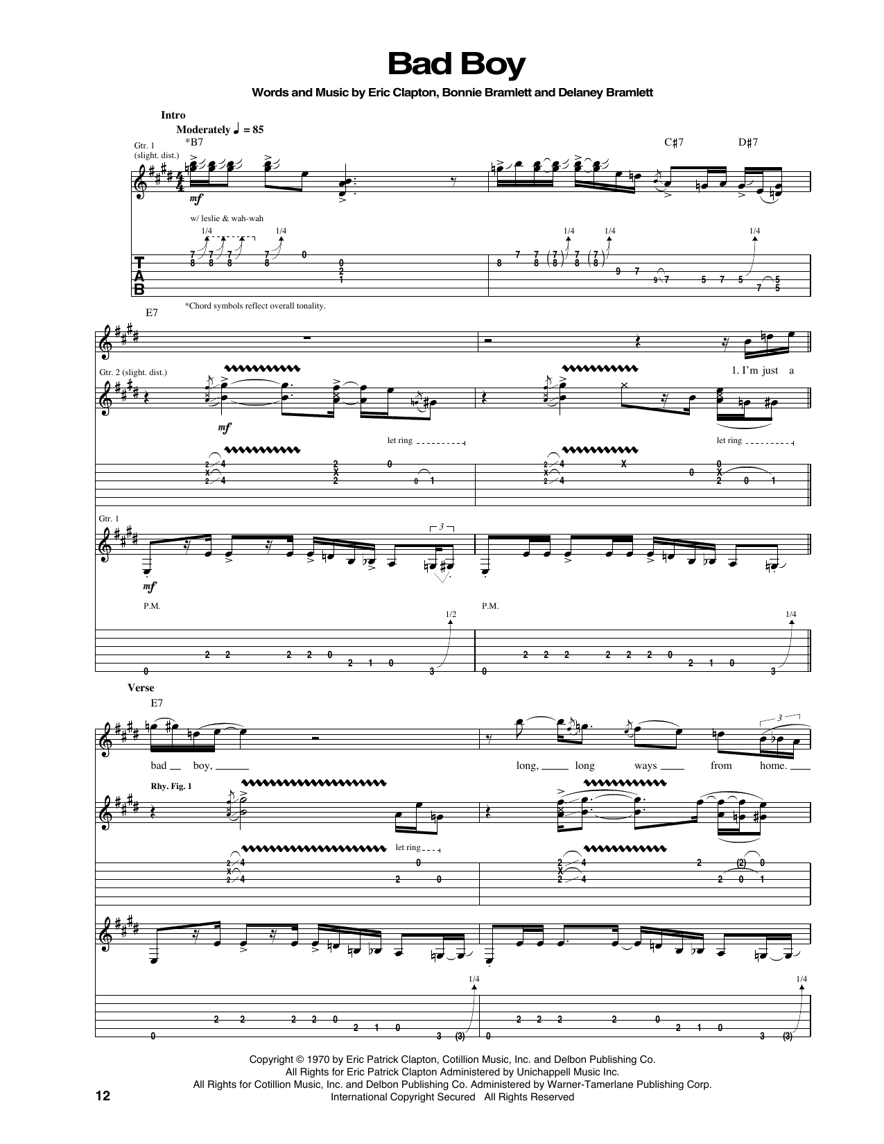 Eric Clapton Bad Boy sheet music notes and chords arranged for Guitar Tab