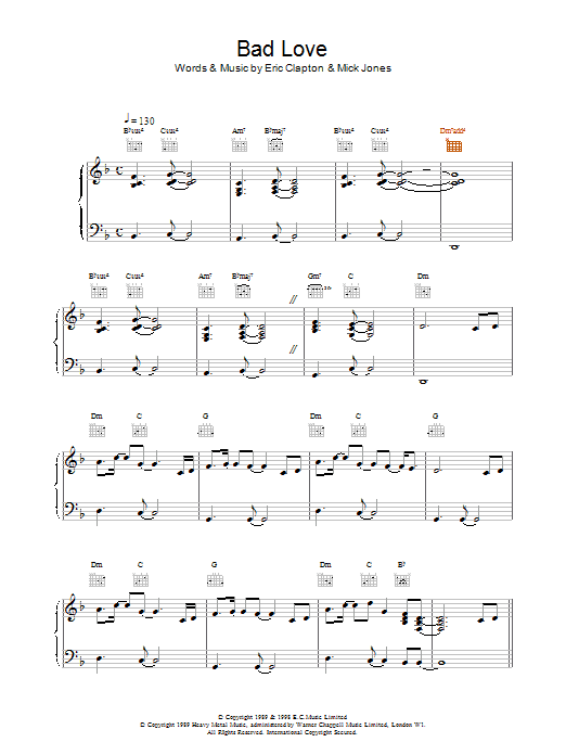 Eric Clapton Bad Love sheet music notes and chords arranged for Piano, Vocal & Guitar Chords (Right-Hand Melody)