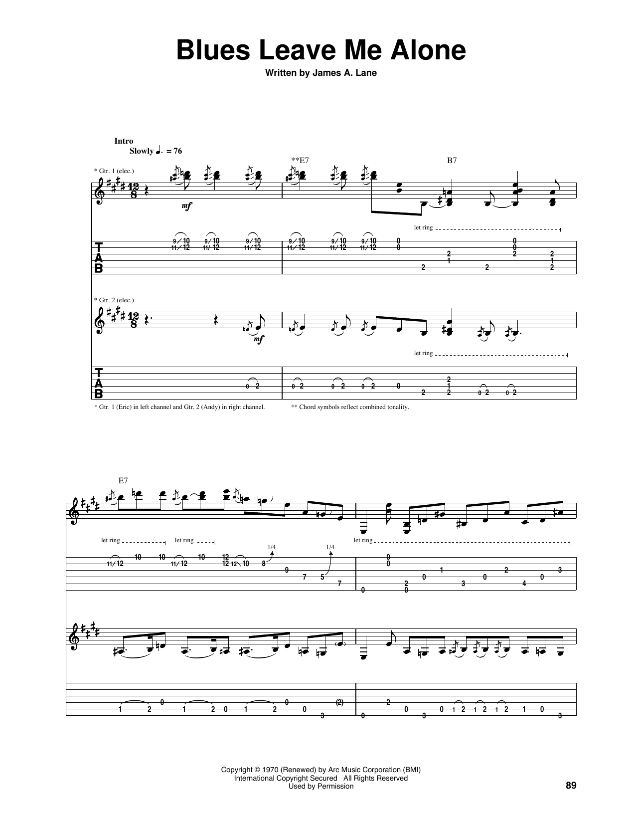 Eric Clapton Blues Leave Me Alone sheet music notes and chords arranged for Guitar Tab