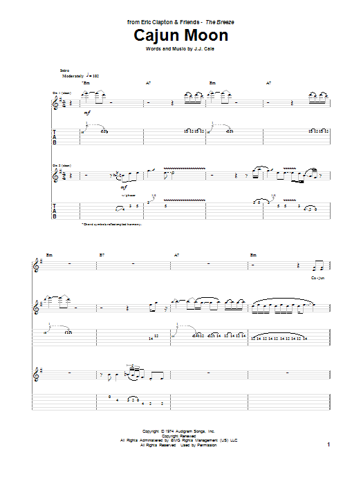 Eric Clapton Cajun Moon sheet music notes and chords arranged for Guitar Tab