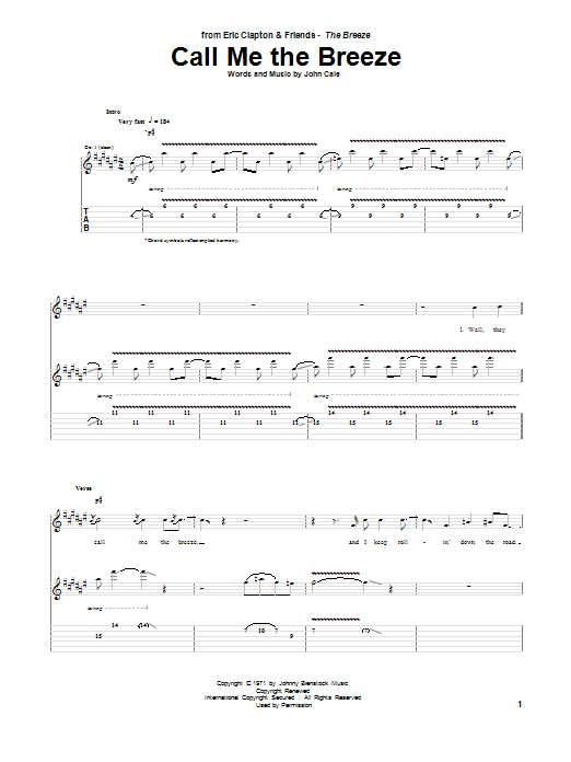 Eric Clapton Call Me The Breeze sheet music notes and chords arranged for Guitar Tab