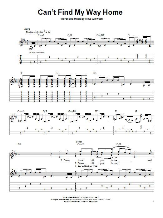 Eric Clapton Can't Find My Way Home sheet music notes and chords arranged for Guitar Tab (Single Guitar)