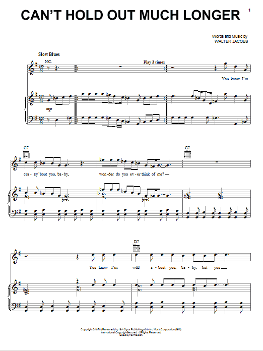Eric Clapton Can't Hold Out Much Longer sheet music notes and chords arranged for Piano, Vocal & Guitar Chords (Right-Hand Melody)