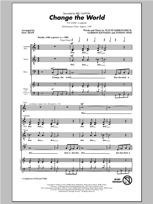 Eric Clapton Change The World (arr. Mac Huff) sheet music notes and chords arranged for SATB Choir